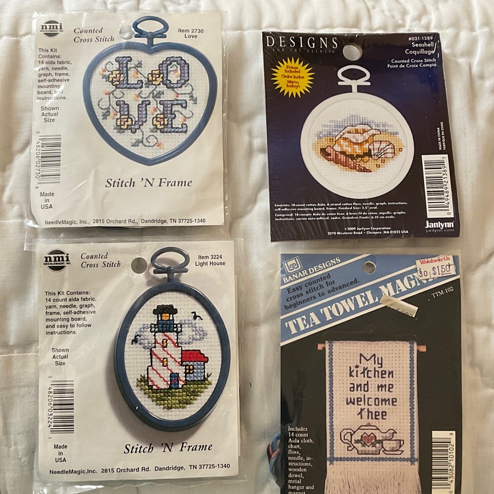 4 New Cross Stitch Kits with frame, Love and Lighthouse, shells, kitchen towel.